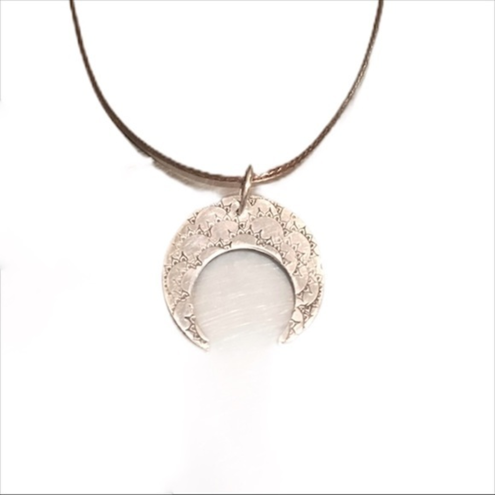 Handmade stamped silver hypoallergenic moon‎ adjustable leather cord necklace